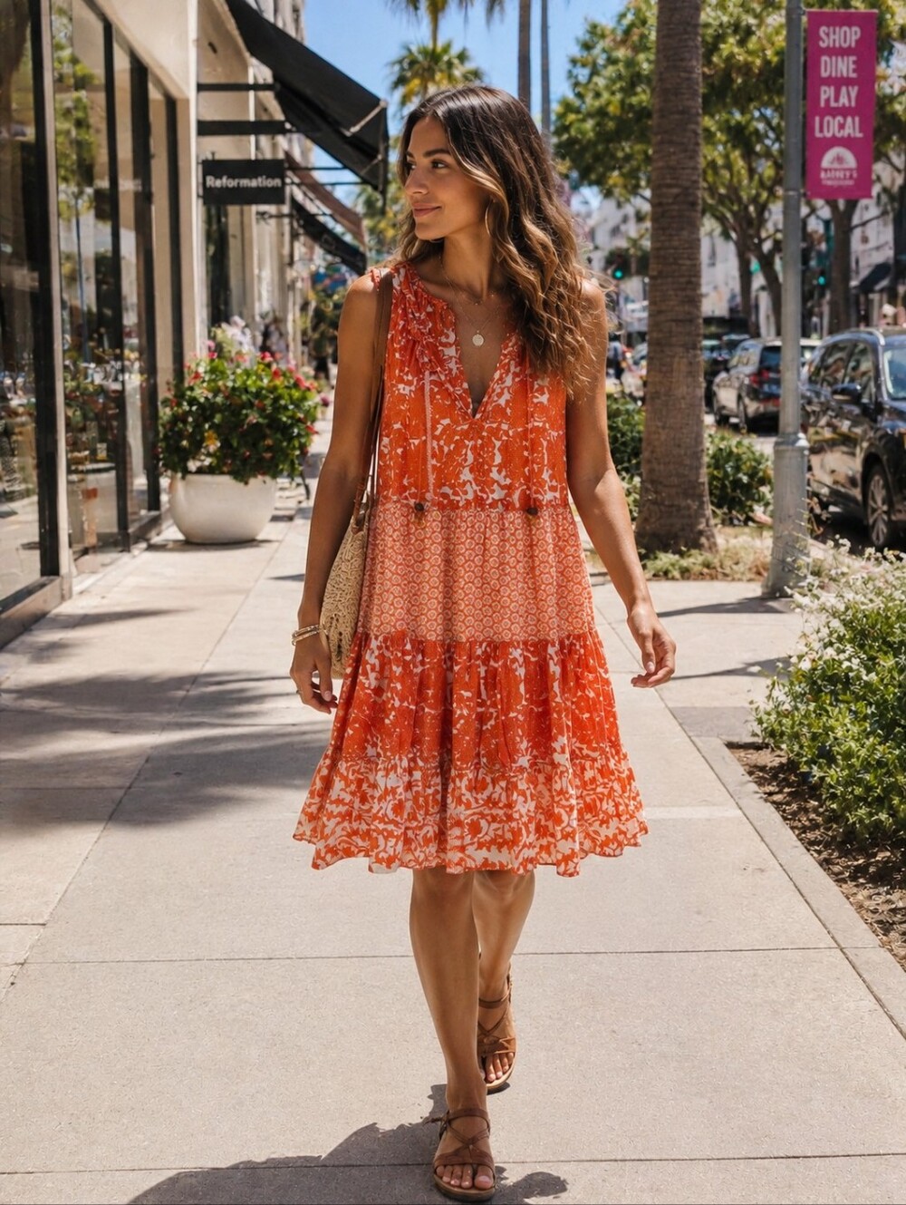 #14 Chelsea & Theodore Orange White Floral Tiered V-Neck Mini Dress